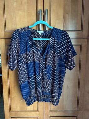 Allison Joy Navy and Ivory Polka Dot V-Neck Blouse